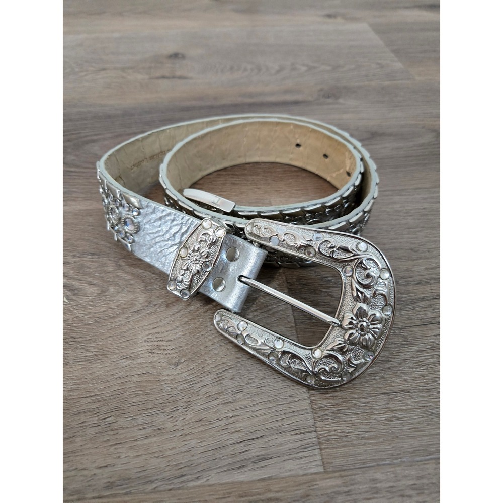 Small Silver Metallic Leather Western Belt Rhinestone Studded Floral Buckle